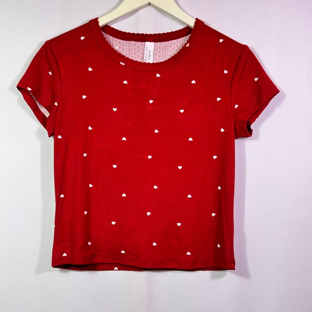 Auden Red Heart Print Pajama Set Small Short Sleeve Top Wide Leg Pants NWT - Picture 2 of 8